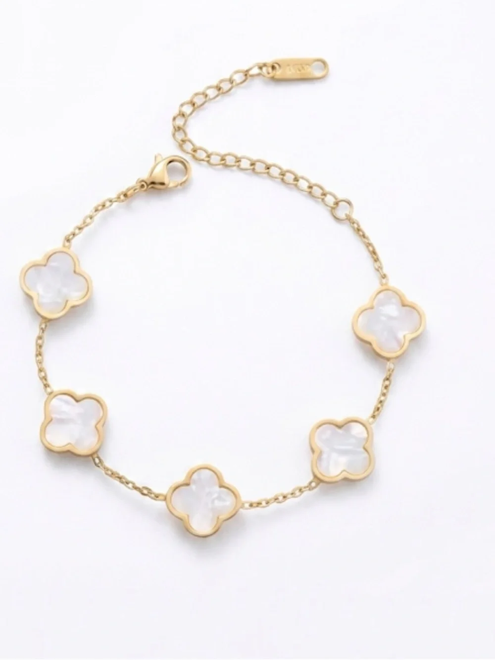 Mother of Pearl Clover Link Bracelet Gold Tone Adjustable Chain Delicate Jewelry